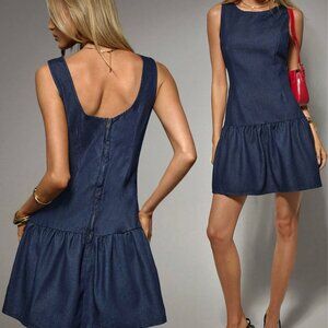 Drop Waist Denim Mini Sleeveless Pleated Jean Skater Dress